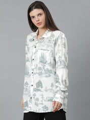 Kotty Women Spread Collar Conversational Printed Cotton Oversized Casual Shirt
