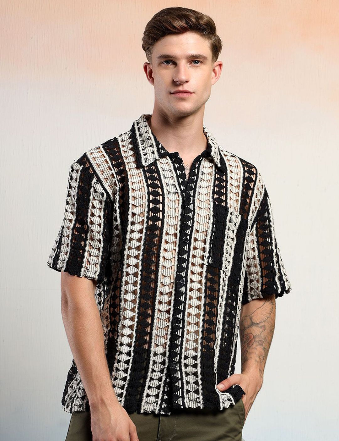 Kotty Men Vertical Stripes Self Design Cotton Sheer Casual Shirt