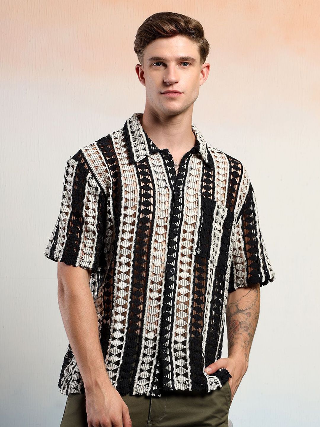 Kotty Men Vertical Stripes Self Design Cotton Sheer Casual Shirt