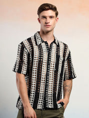 Kotty Men Vertical Stripes Self Design Cotton Sheer Casual Shirt