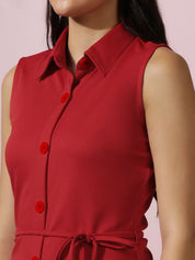 Kotty Women Solid Shirt Collar Sleeveless A-Line Dress