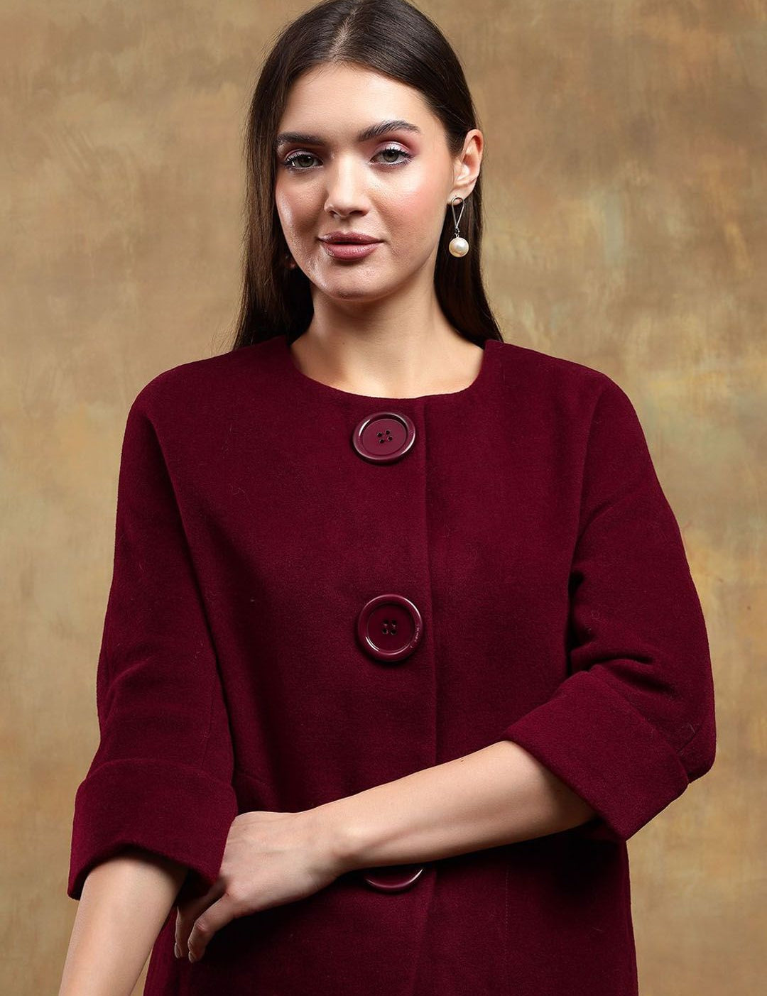 Kotty Women Solid Overcoat with Mock Button