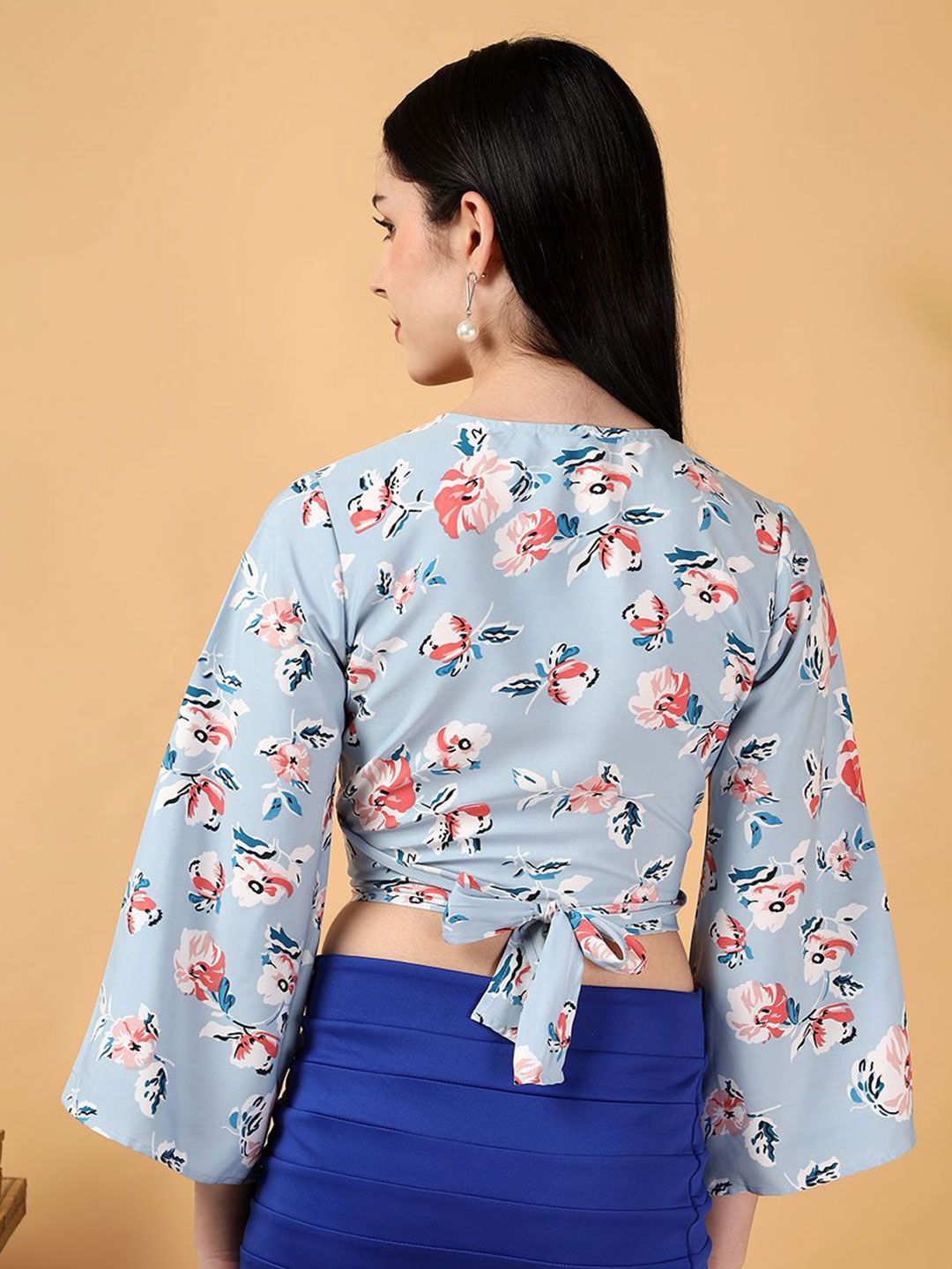 Kotty Floral Print Bell Sleeve Crepe Wrap Crop Top