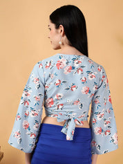 Kotty Floral Print Bell Sleeve Crepe Wrap Crop Top