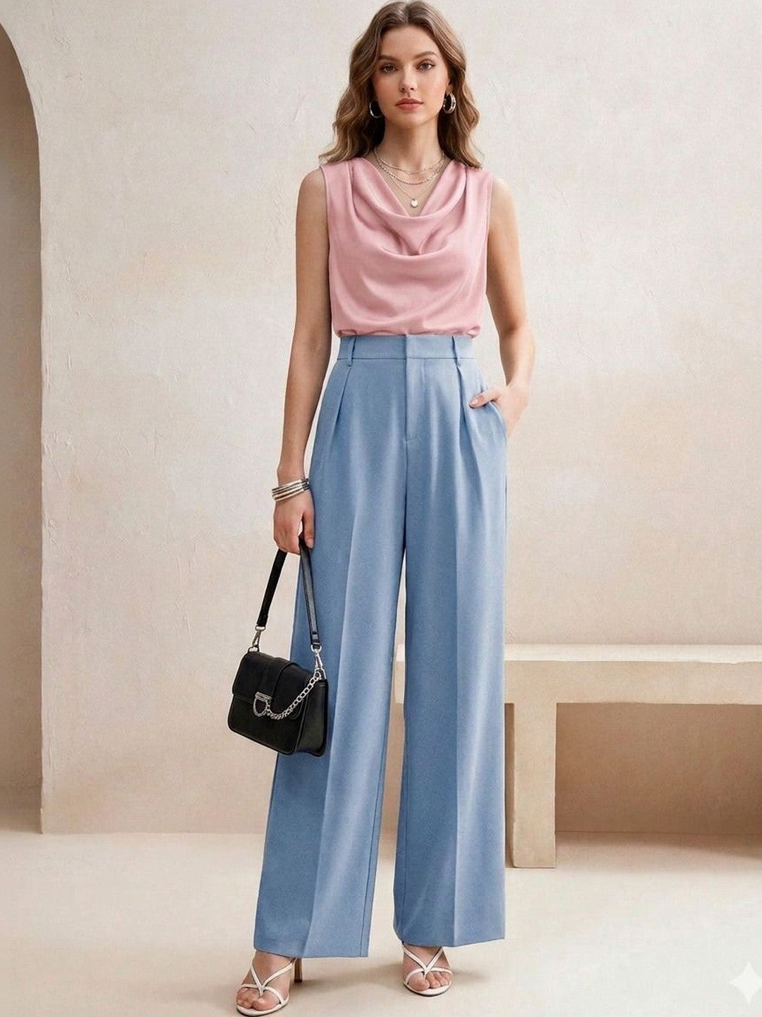 Blue Straight Fit High-Rise Trousers for Women | Kotty