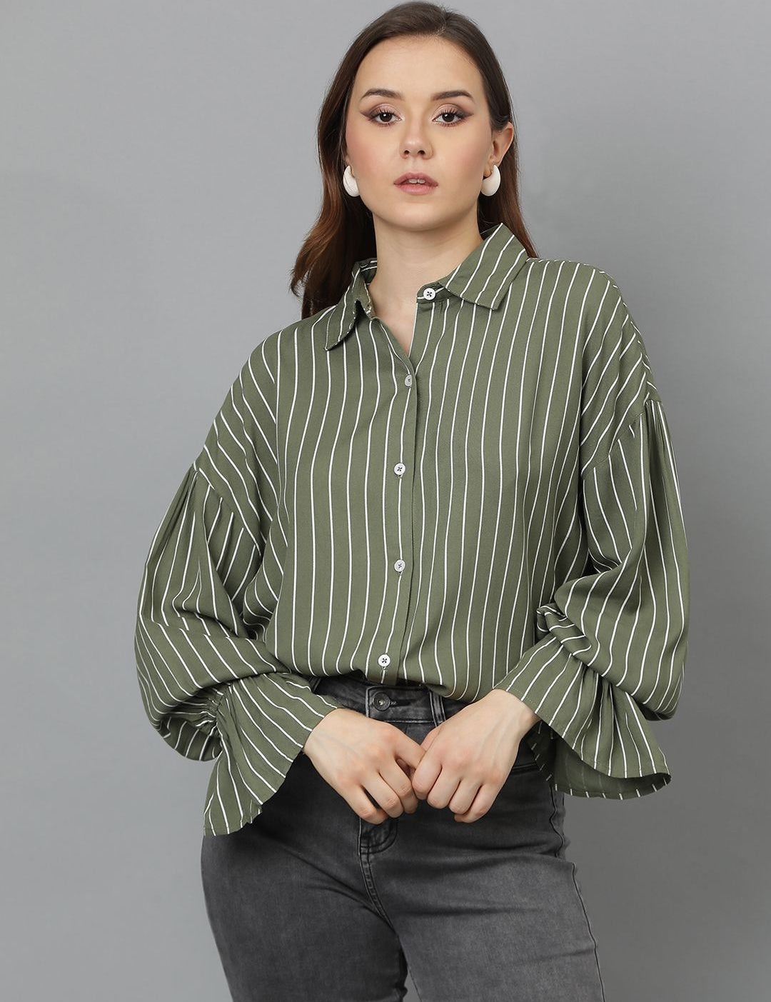 Kotty Women Comfort Spread Collar Vertical Striped Cotton Oversized Casual Shirt