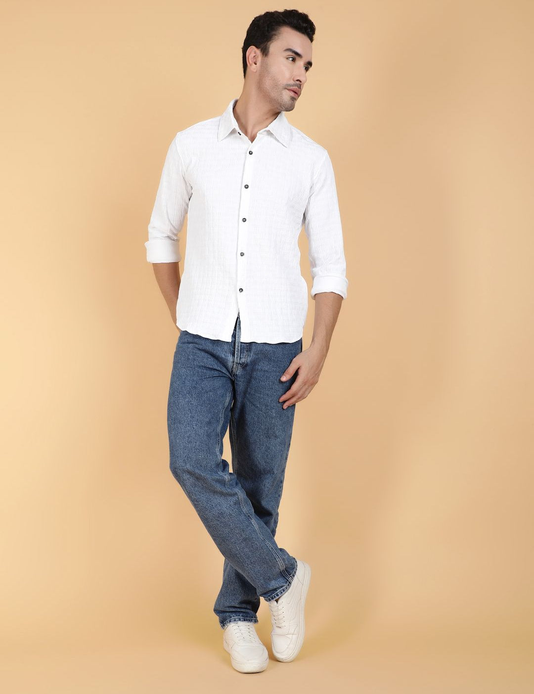 Kotty Men Relaxed Spread Collar Textured Cotton Casual Shirt