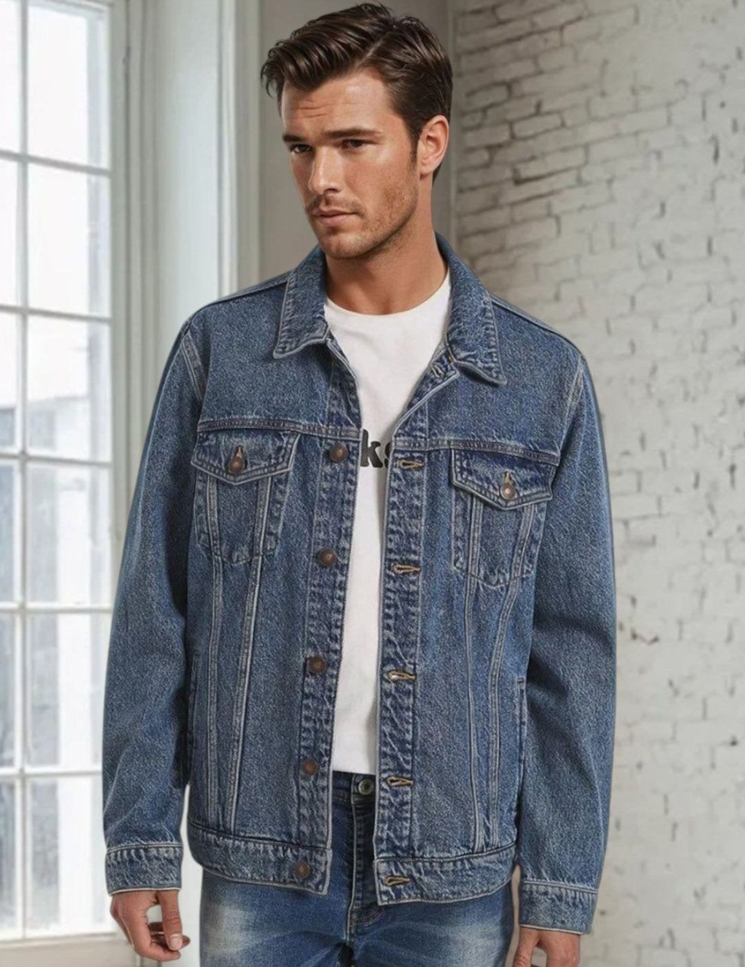 Kotty Men Spread Collar Solid Denim Jacket