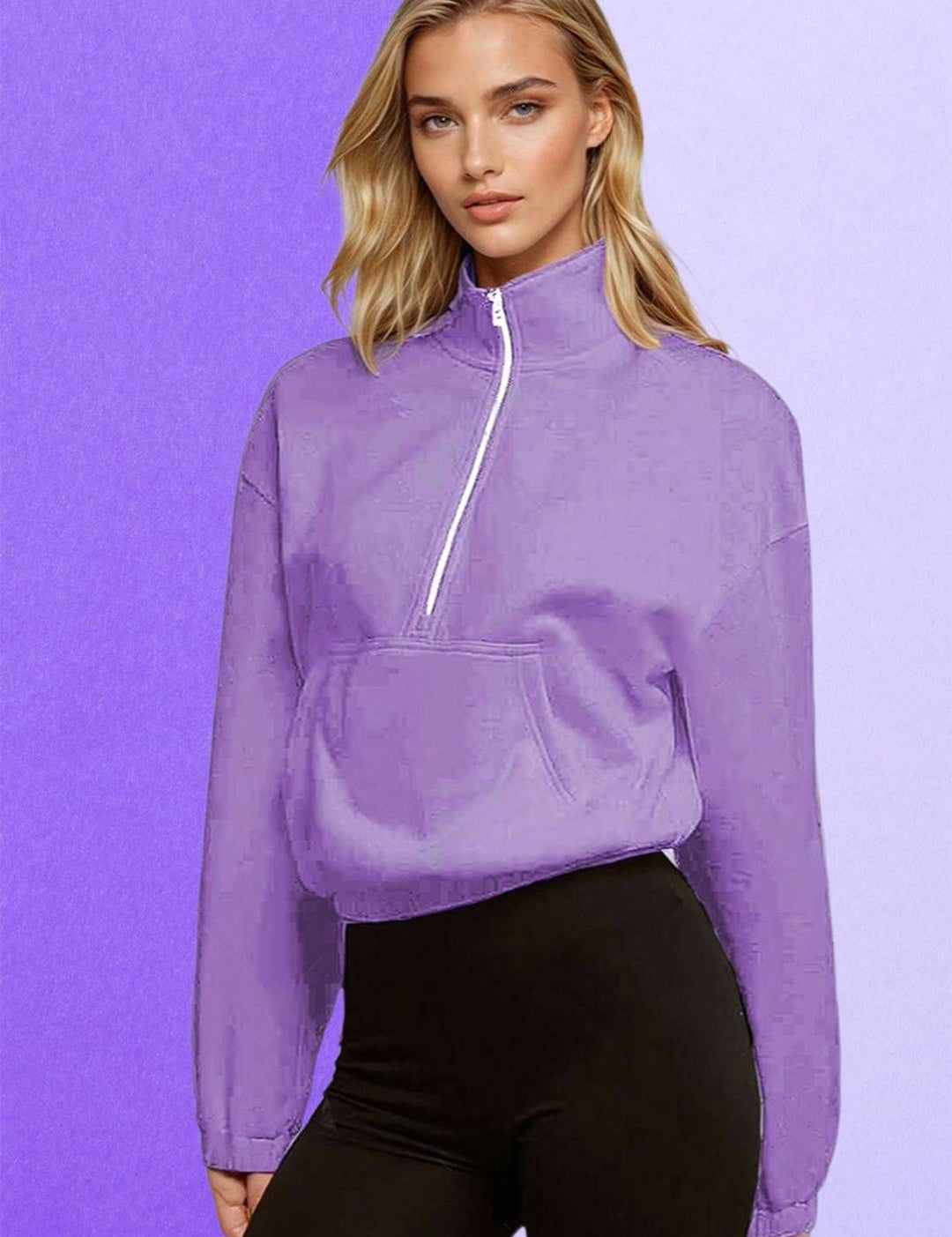 Kotty Women Solid Shirt Collar Full Sleeve Half Zipper Crop Sweatshirt