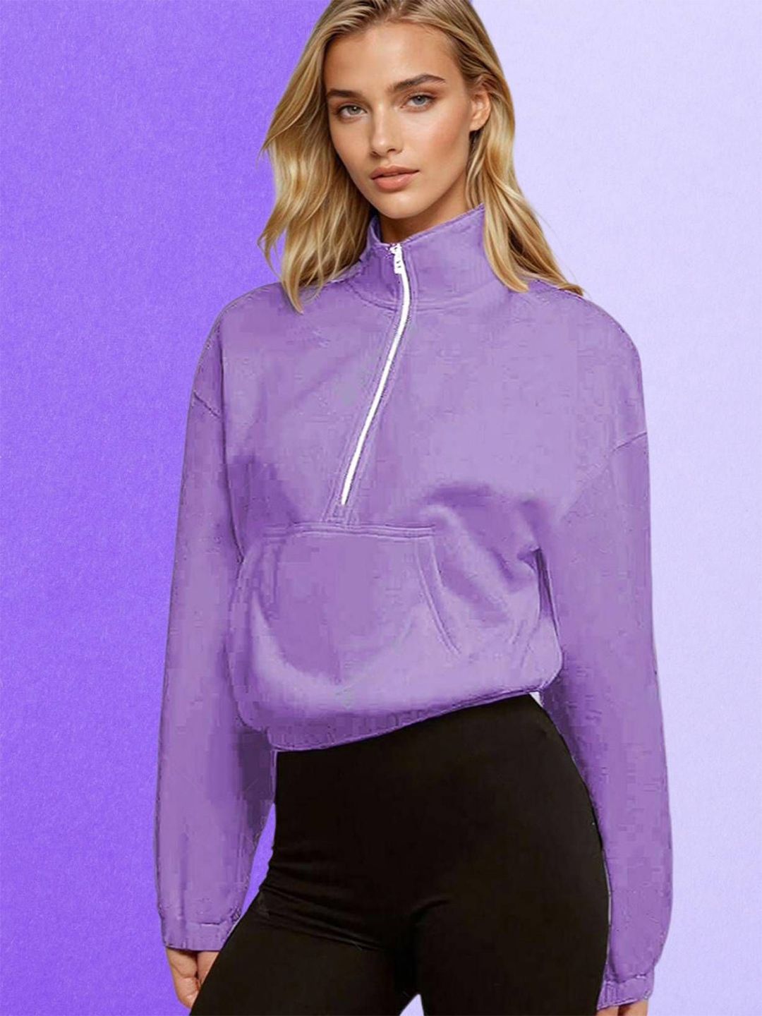 Kotty Women Solid Shirt Collar Full Sleeve Half Zipper Crop Sweatshirt