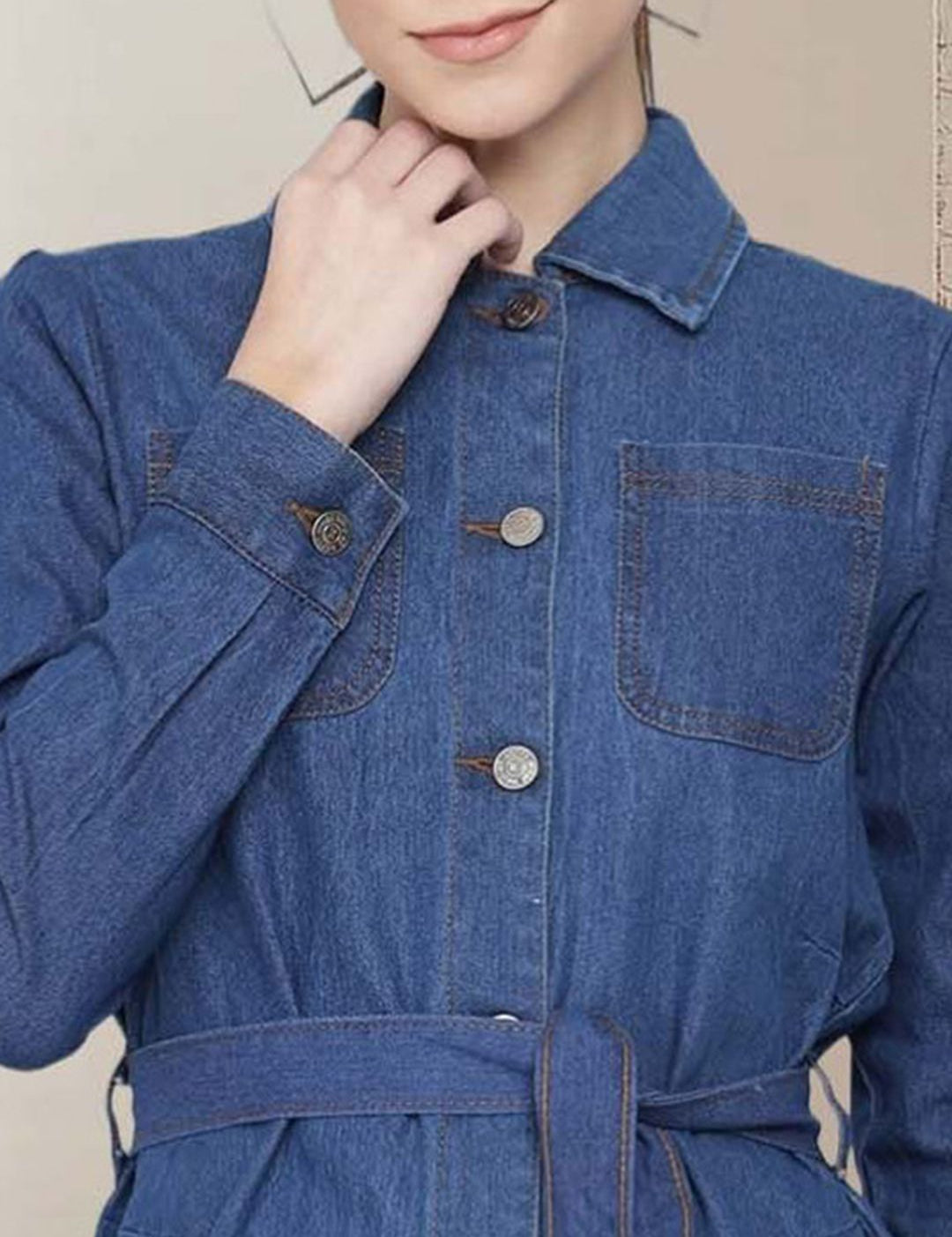 Kotty Women Spread Collar Solid Denim Jacket