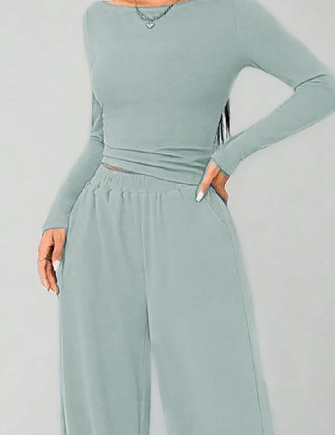 Kotty Round Neck Crop Top With Wide-Leg Trousers 