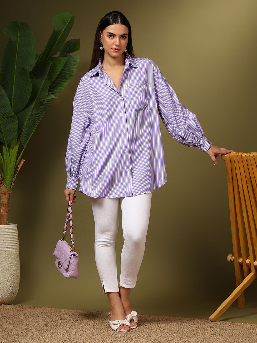 Kotty Women Oversized Fit Spread Collar Vertical Striped Cotton Casual Shirt