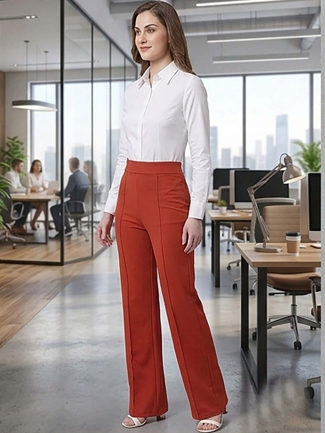 Orange Straight Fit High-Rise Trousers for Women | Kotty