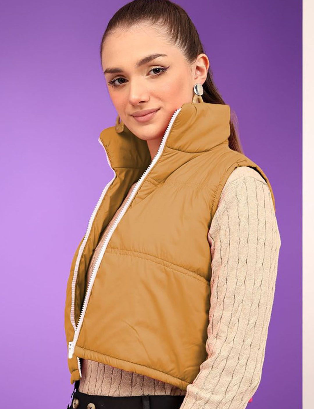 Kotty Women Mock Collar Solid Cotton Insulator Crop Gilet Jacket