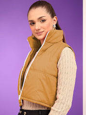 Kotty Women Mock Collar Solid Cotton Insulator Crop Gilet Jacket
