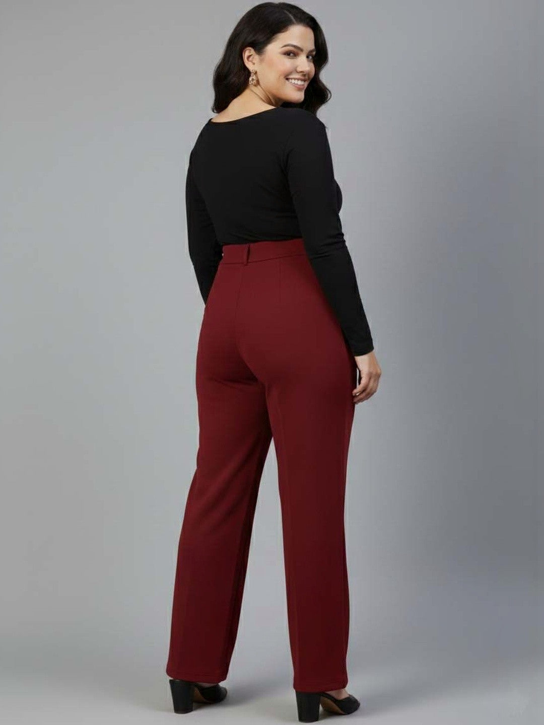 Red Regular Fit High-Rise Trousers for Women – Modern Solid Design | Kotty