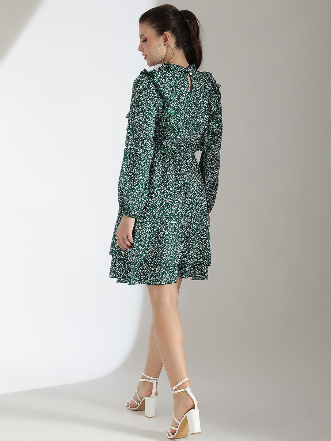 Kotty Floral Printed Bishop Sleeve Ruffled Fit & Flare Dress
