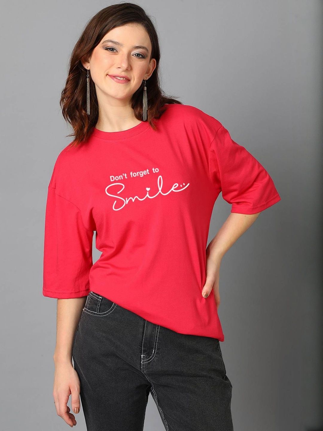 Kotty Women Typography Printed Drop-Shoulder Sleeves T-shirt