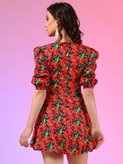 Kotty Women Printed Puffed Sleeves Fit & Flare Mini Dress