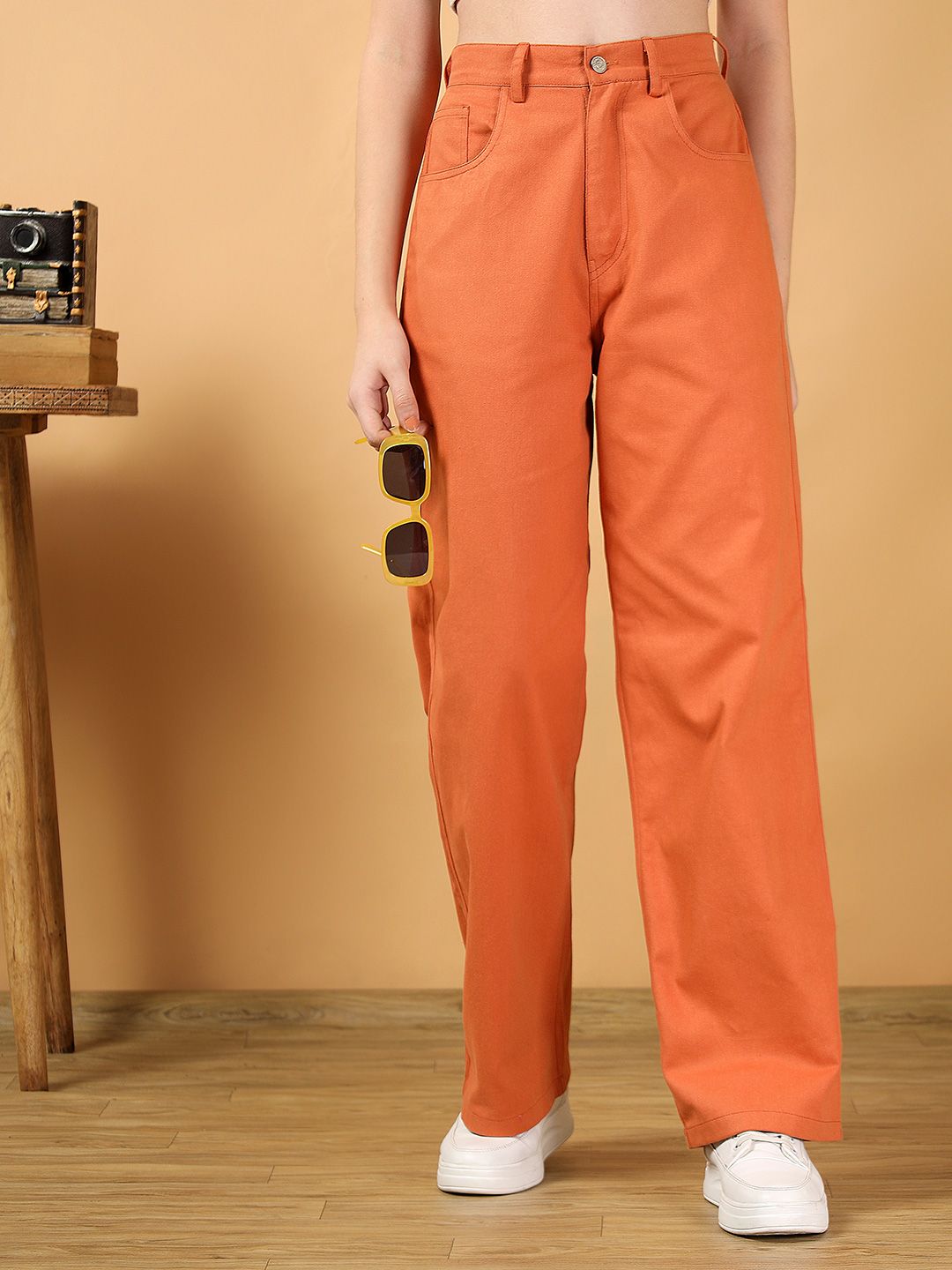 Kotty Women Solid Orange High-Waist Straight fit Easy Wash Trousers