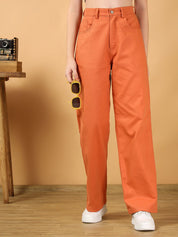 Kotty Women Solid Orange High-Waist Straight fit Easy Wash Trousers