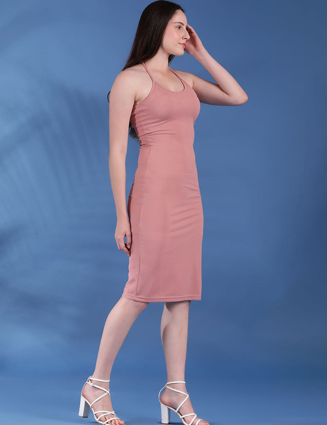 Kotty Solid Tie-Up Neck Bodycon Midi Dress