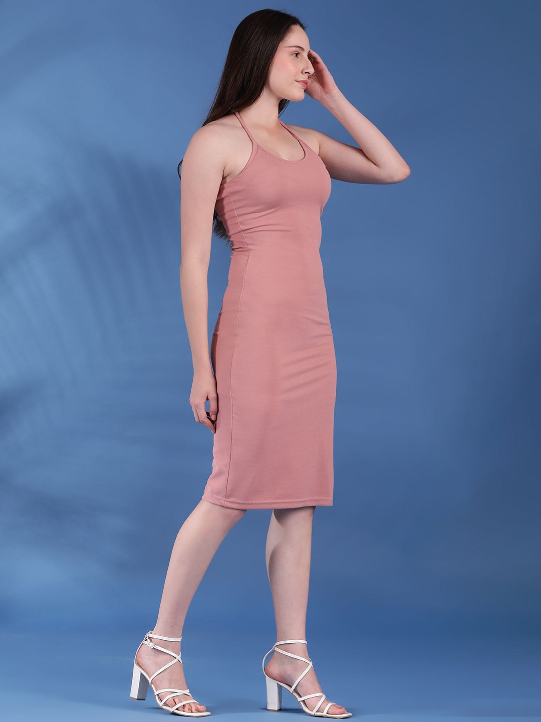 Kotty Solid Tie-Up Neck Bodycon Midi Dress