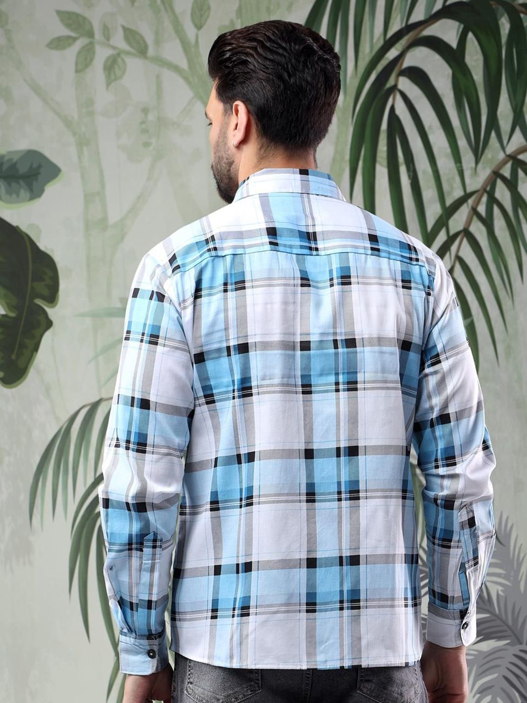 Kotty Men Spread Collar Tartan Checked Casual Shirt
