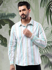 Kotty Men Spread Collar Vertical Striped Casual Shirt