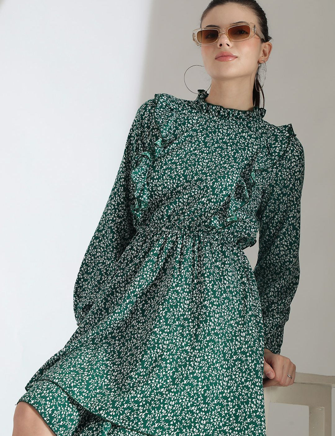 Kotty Floral Printed Bishop Sleeve Ruffled Fit & Flare Dress