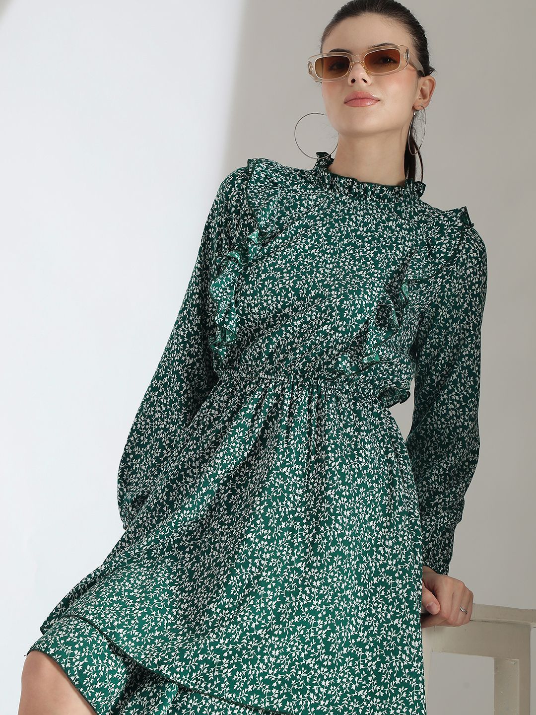 Kotty Floral Printed Bishop Sleeve Ruffled Fit & Flare Dress