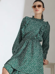 Kotty Floral Printed Bishop Sleeve Ruffled Fit & Flare Dress