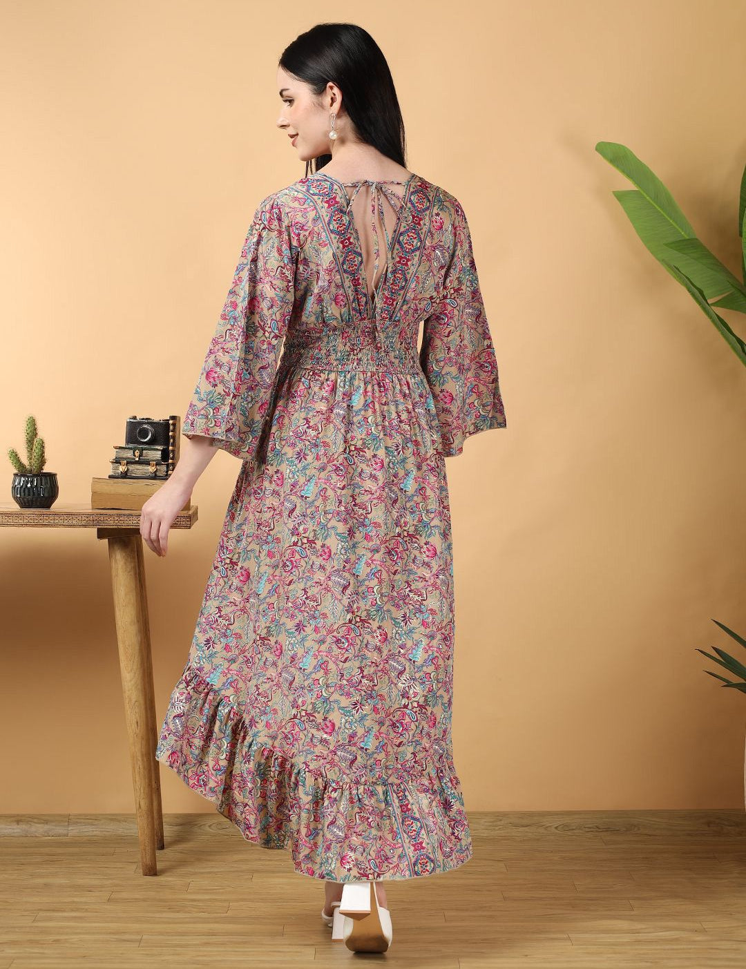 Kotty Printed V-Neck High-Low Hem Empire Midi Dress