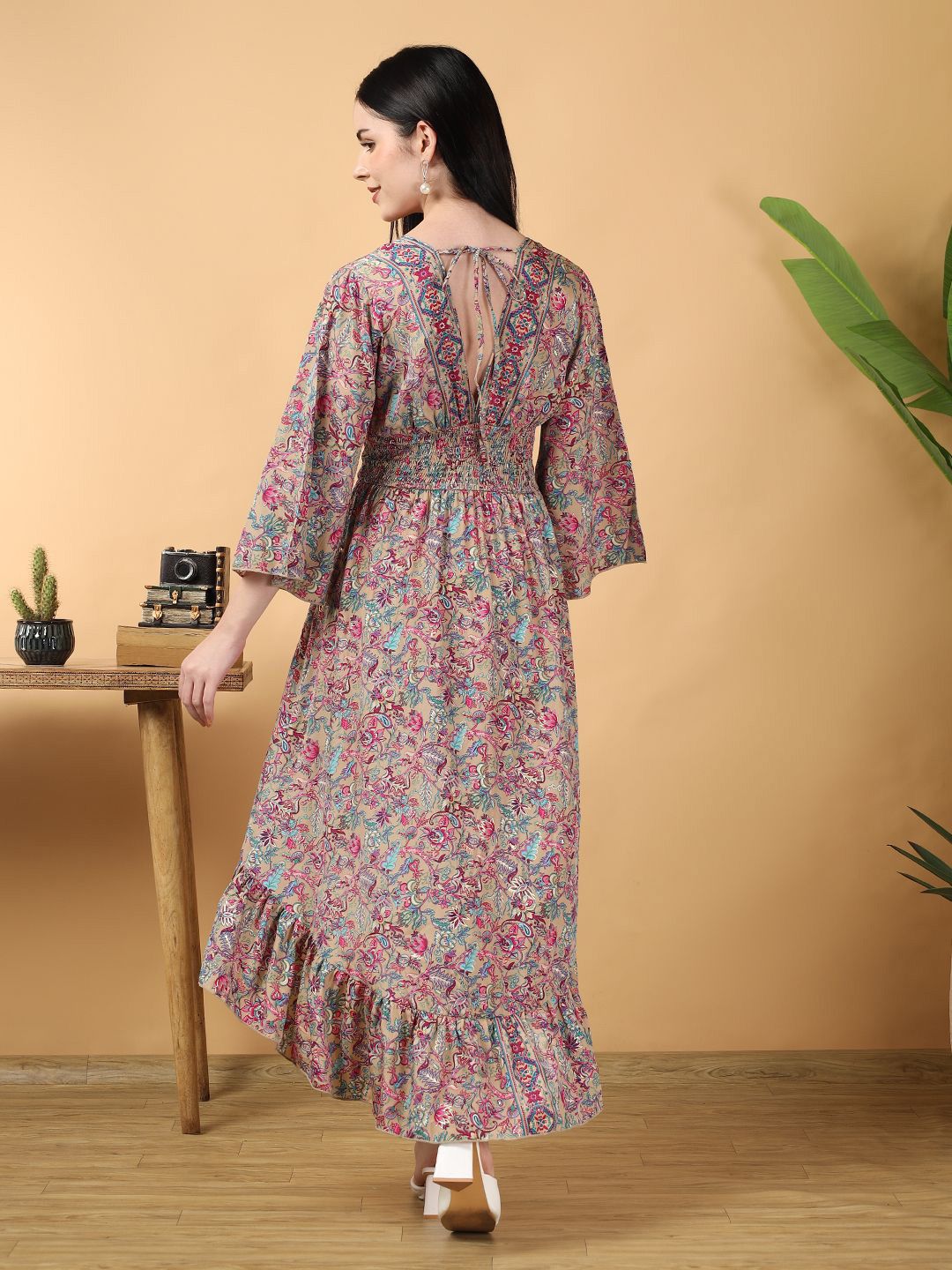 Kotty Printed V-Neck High-Low Hem Empire Midi Dress