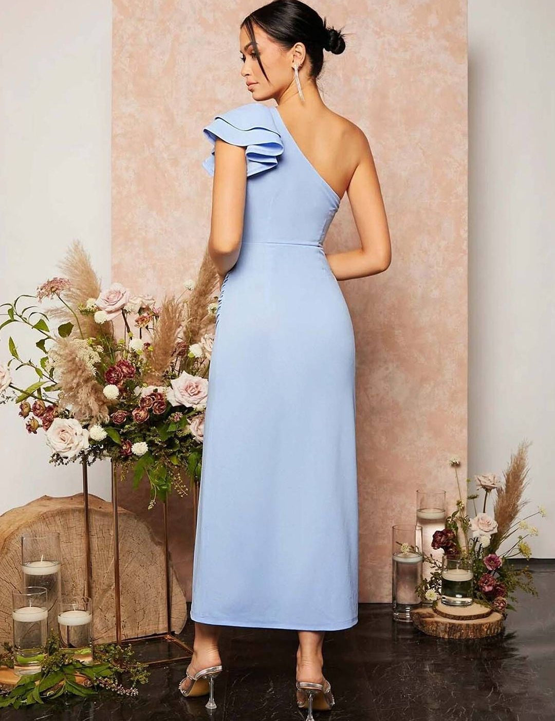 Kotty One Shoulder Flutter Sleeve Slit Bodycon Midi Dress