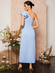 Kotty One Shoulder Flutter Sleeve Slit Bodycon Midi Dress