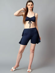 Kotty Navy Blue V-Neck Sleeveless Top With Short