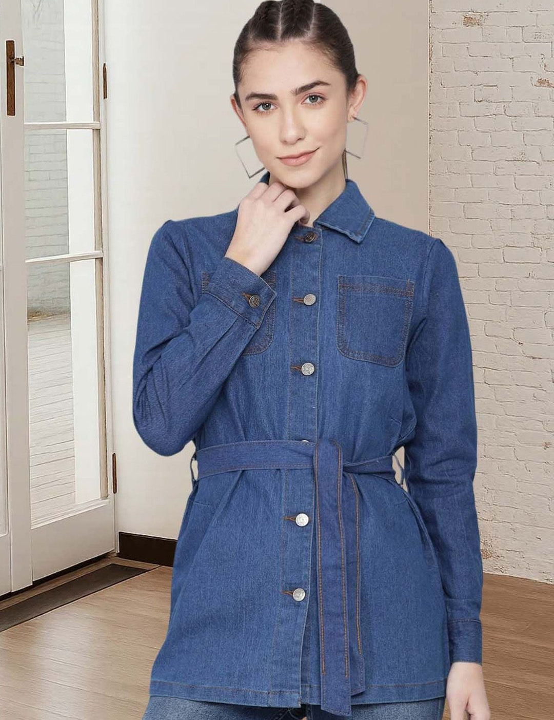 Kotty Women Spread Collar Solid Denim Jacket