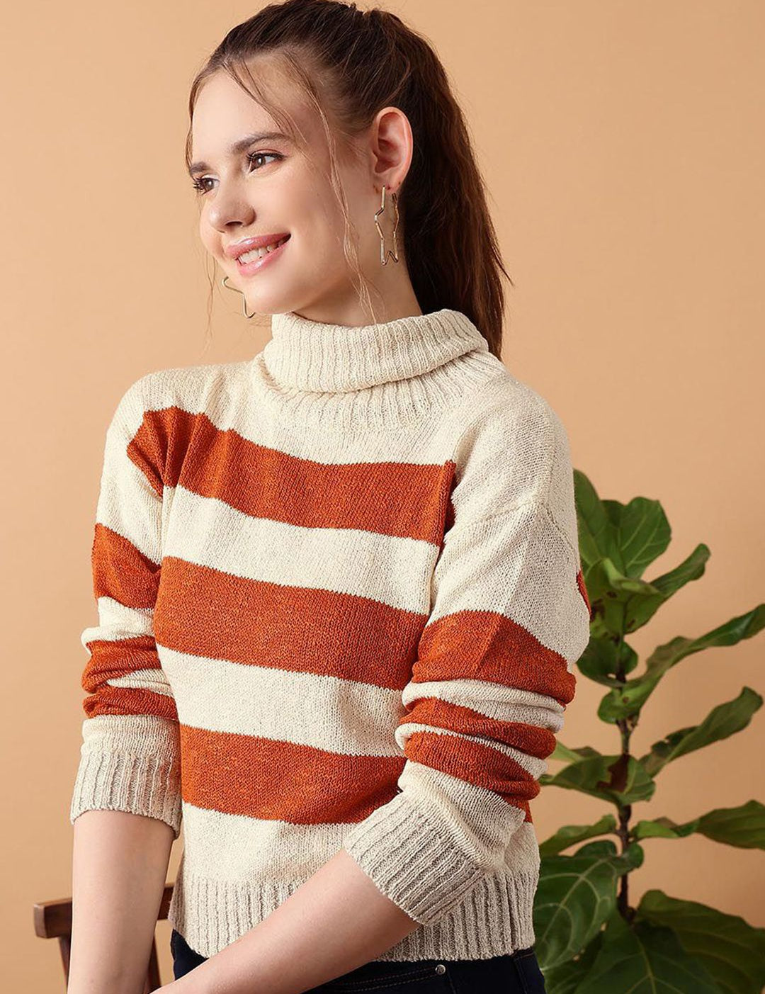 Kotty Women Cotton Striped Turtle Neck Long Sleeves Pullover Sweaters