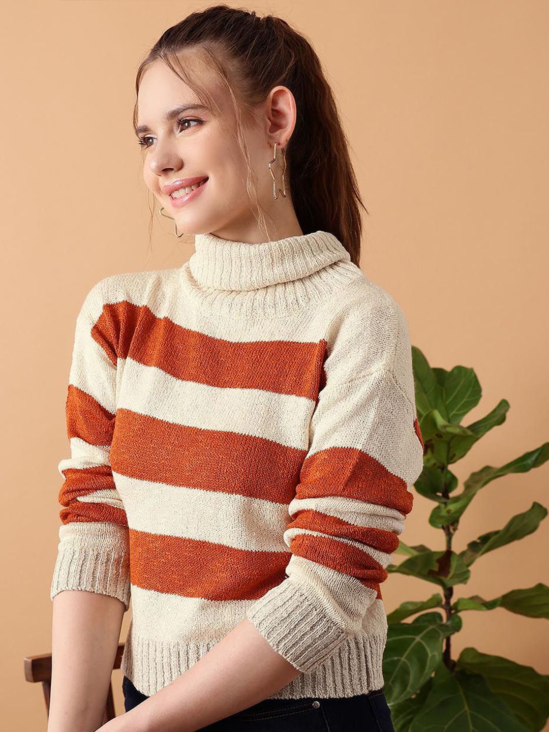 Kotty Women Cotton Striped Turtle Neck Long Sleeves Pullover Sweaters