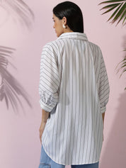 Kotty Women Comfort Spread Collar Vertical Striped Cotton Oversized Casual Shirt