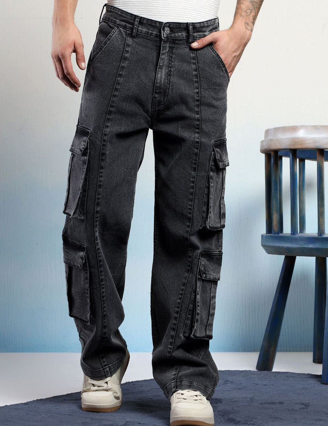 Kotty Men Straight Fit Low-Rise Wrinkle Free Pleated Cargos Trousers