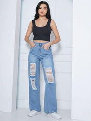 Kotty Women Straight Fit High-Rise Highly Distressed Stretchable Jeans