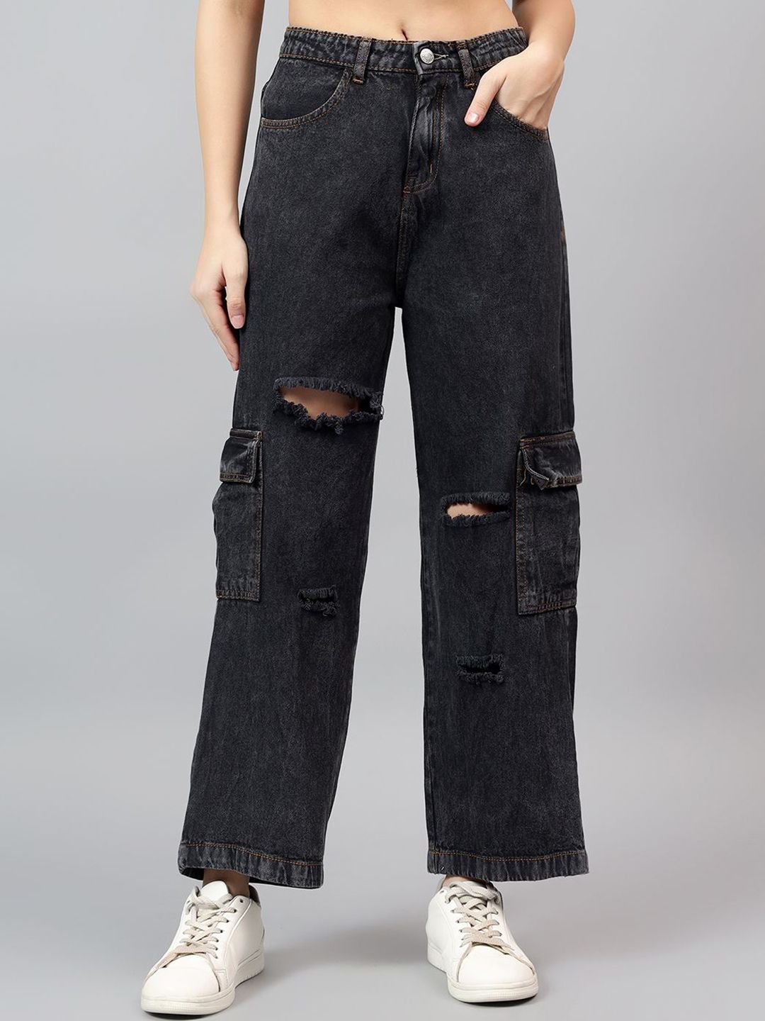 Kotty Women Straight Fit High-Rise Low Distress Stretchable Cargo Jeans