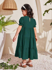 Kotty Girl's Self Design Puff Sleeves Bow Details Tiered Gown Dress