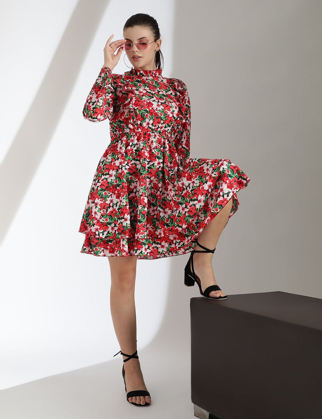 Kotty Women Floral Printed Bishop Sleeve Crepe Fit & Flare Dress