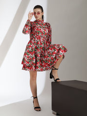 Kotty Women Floral Printed Bishop Sleeve Crepe Fit & Flare Dress