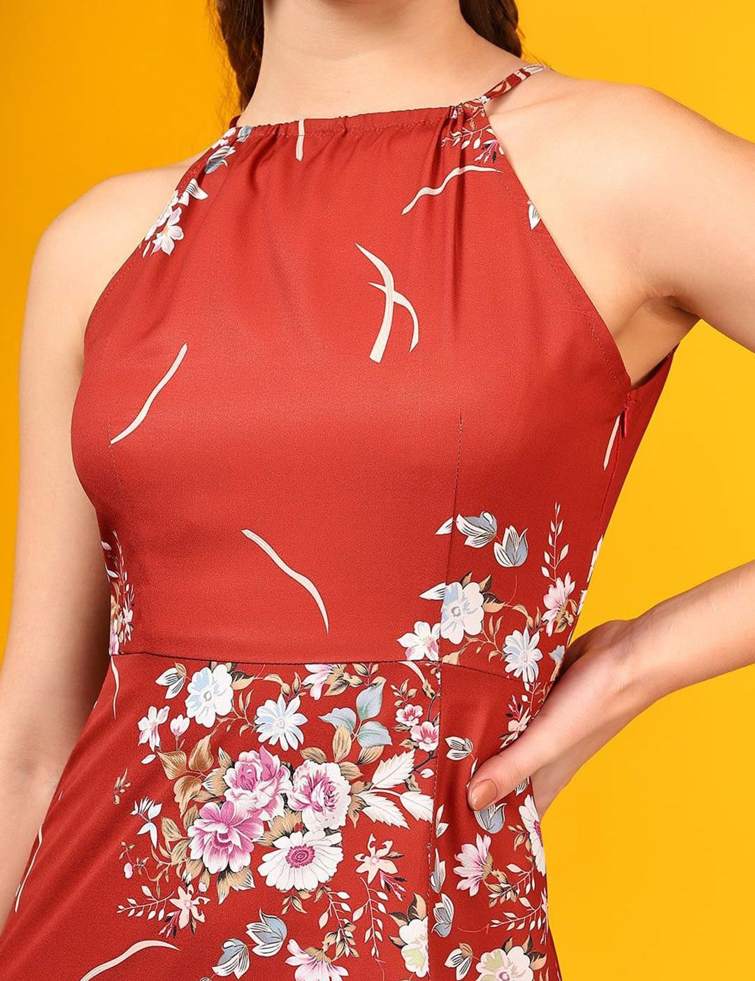 Kotty Print Halter Neck Crepe A-Line Midi Dress