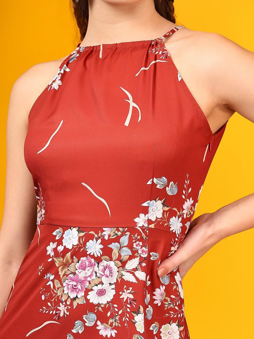 Kotty Print Halter Neck Crepe A-Line Midi Dress